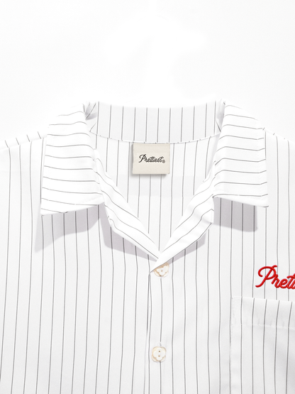 Prettiest®  SS25 CUBAN COLLAR POLO (WHITE PINSTRIPE)