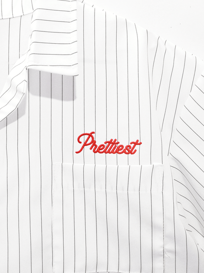 Prettiest®  SS25 CUBAN COLLAR POLO (WHITE PINSTRIPE)