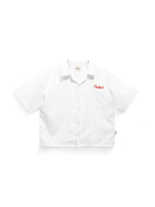Prettiest®  SS25 CUBAN COLLAR POLO (WHITE PINSTRIPE)